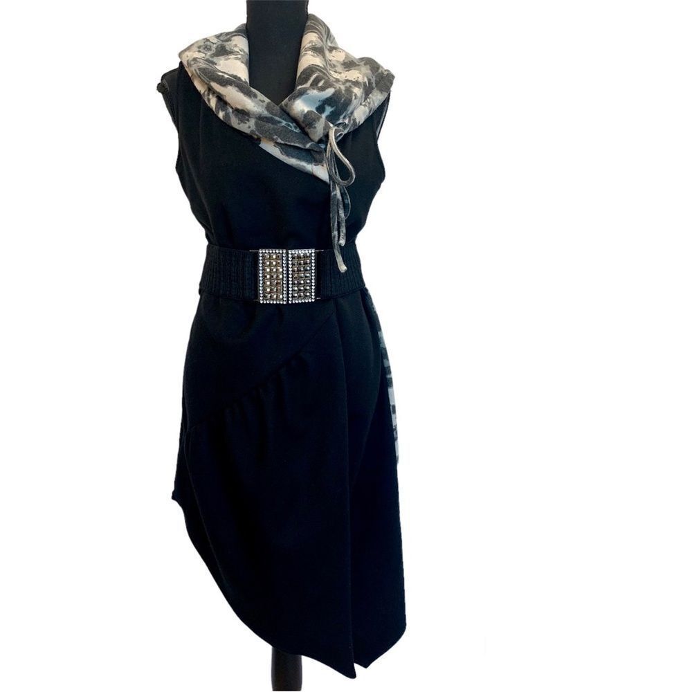LAUREN Bagliore Black wrap dress coat gray high rolled collar sleeveless Sz S